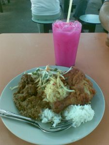 My lunch - Malay stall - 1 drumstick + 1 mutton + 1 vegie = S$6.50